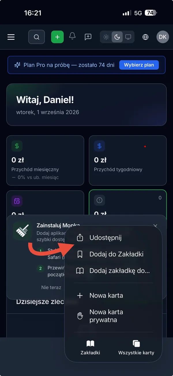 Pozycja „Udostępnij" w menu Safari