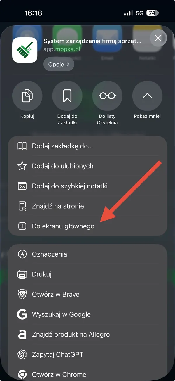 Pozycja „Do ekranu głównego" w menu udostępniania